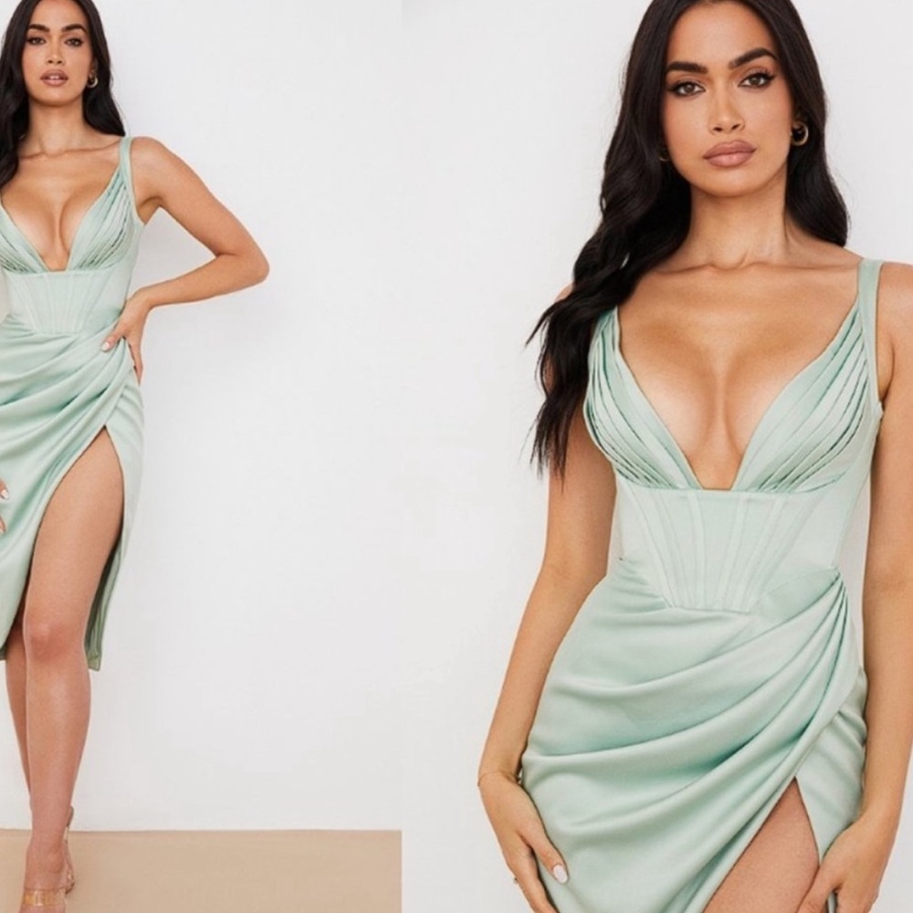 HOUSE OF CB Faye Pistachio Satin Corset Dress Size S - Picture 2 of 8